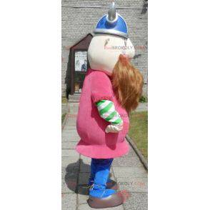 Mascota vikinga barbuda vestida de rosa con casco -