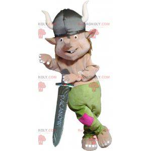 Troll kabouter mascotte met een Vikinghelm - Redbrokoly.com