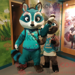 Teal Raccoon mascot costume...
