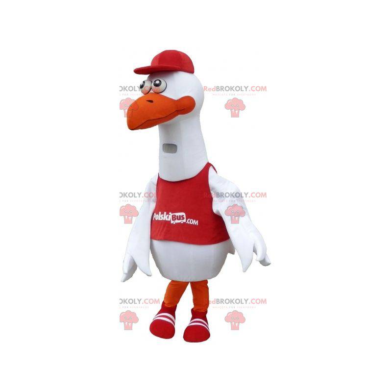 Maskot bílý racek s náprsenkou a čepicí - Redbrokoly.com