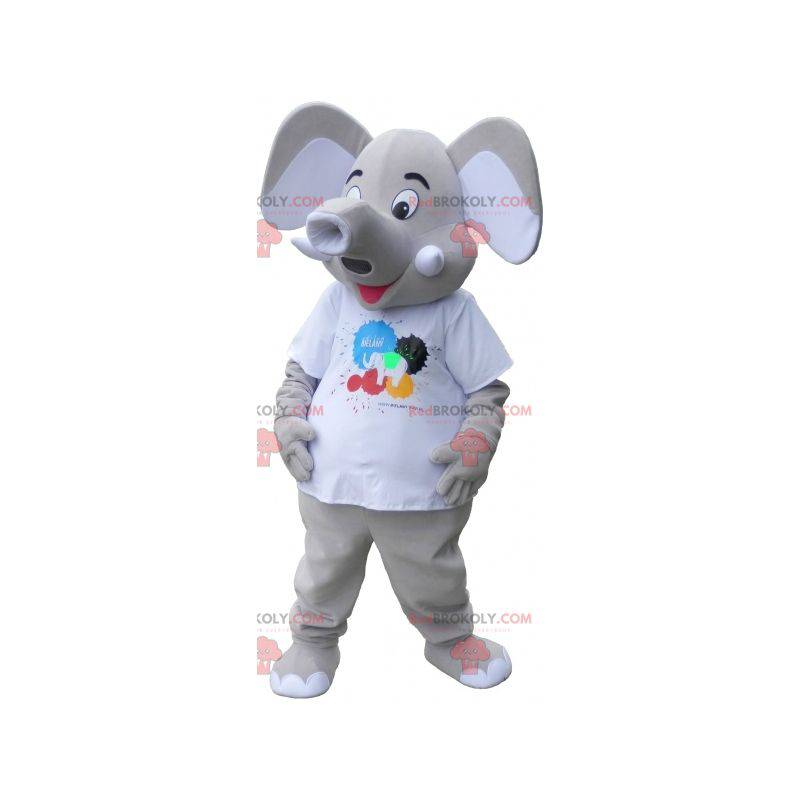 Giant gray elephant mascot wearing a white t-shirt -