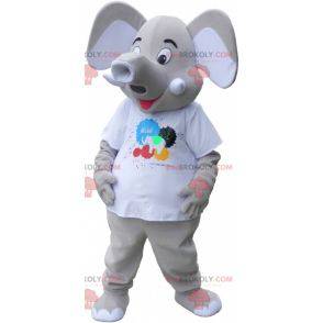 Giant gray elephant mascot wearing a white t-shirt -