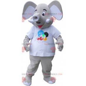 Giant gray elephant mascot wearing a white t-shirt -