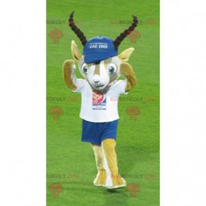 Geel en wit gazelle mascotte in blauw en wit outfit -