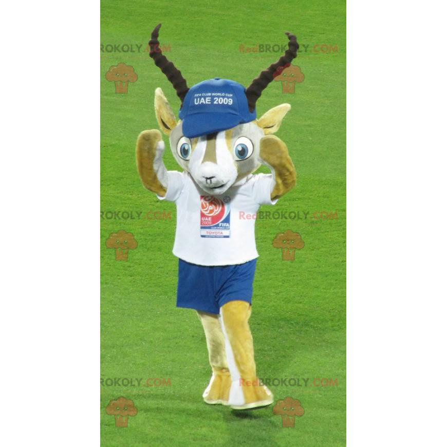 Yellow and white gazelle mascot in blue and white outfit -