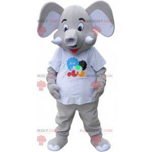 Giant gray elephant mascot wearing a white t-shirt -