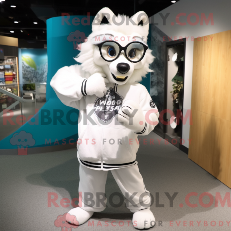 Fantasia de mascote Say Wolf branco com moletom e óculos - Diga lobo mascotes - REBROKO_228302 - RedBrokoly.com