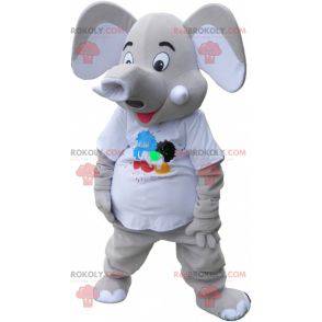 Giant gray elephant mascot wearing a white t-shirt -