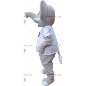 Giant gray elephant mascot wearing a white t-shirt -