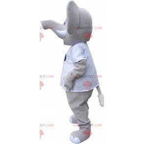 Kæmpe grå elefant maskot iført en hvid t-shirt - Redbrokoly.com