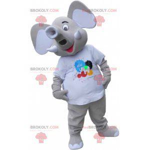 Giant gray elephant mascot wearing a white t-shirt -