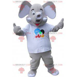 Giant gray elephant mascot wearing a white t-shirt -