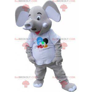 Giant gray elephant mascot wearing a white t-shirt -