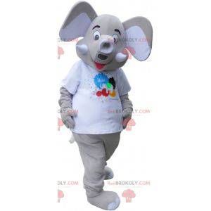 Giant gray elephant mascot wearing a white t-shirt -