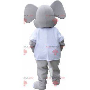 Giant gray elephant mascot wearing a white t-shirt -