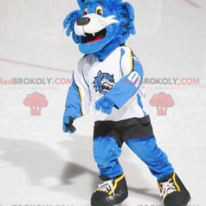 Blue and white cat mascot in sportswear - Redbrokoly.com