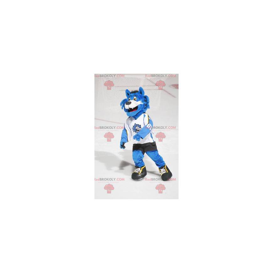 Mascote gato azul e branco em roupas esportivas - Redbrokoly.com