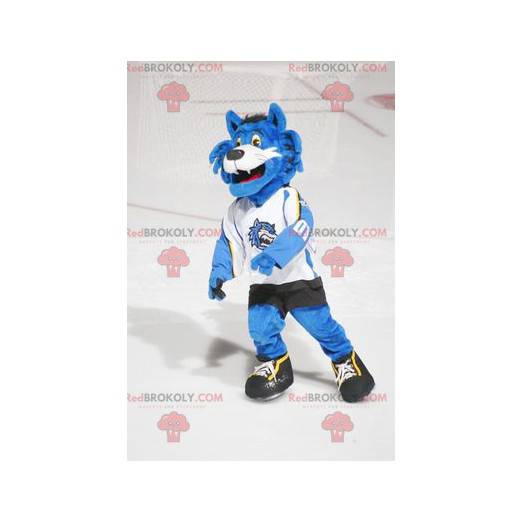 Blauwe en witte kat mascotte in sportkleding - Redbrokoly.com