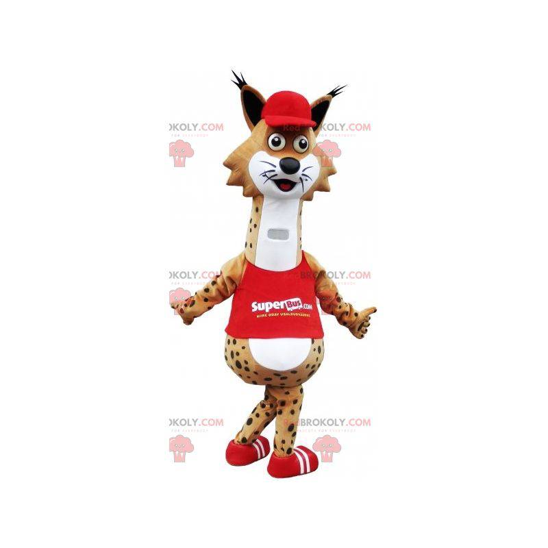 Mascotte de lynx marron et blanc tacheté habillé en rouge -