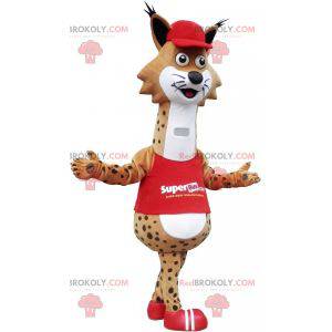 Mascot lince manchado marrón y blanco vestido de rojo -