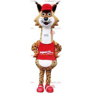 Mascot lince manchado marrón y blanco vestido de rojo -