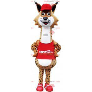 Mascot lince manchado marrón y blanco vestido de rojo -