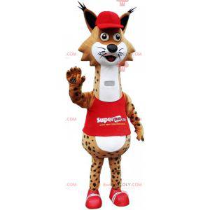 Mascot lince manchado marrón y blanco vestido de rojo -