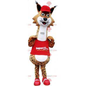 Mascot lince manchado marrón y blanco vestido de rojo -