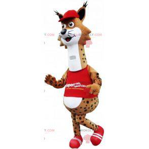 Mascot brown and white spotted lynx dressed in red -