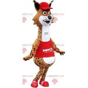 Mascot lince manchado marrón y blanco vestido de rojo -