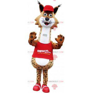 Mascot lince manchado marrón y blanco vestido de rojo -