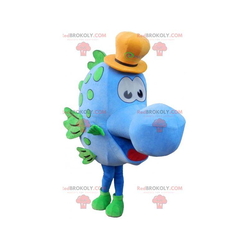 Mascotte di pesce blu e verde con un cappello - Redbrokoly.com