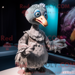 Fantasia de mascote Dodo cinza com vestido e luvas - Mascotes do pássaro dodô - REBROKO_228620 - RedBrokoly.com