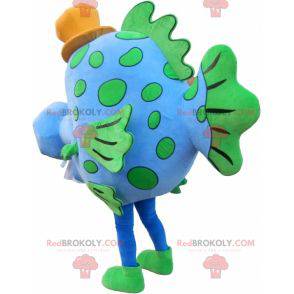 Mascotte di pesce blu e verde con un cappello - Redbrokoly.com