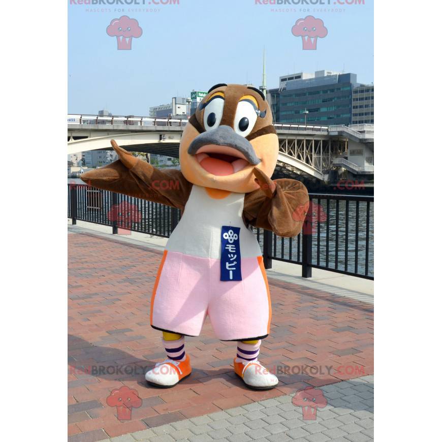 Mascote pássaro ornitorrinco marrom e cinza - Redbrokoly.com