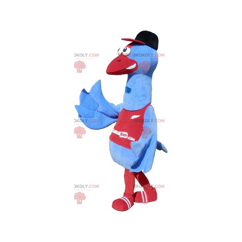 Riesiges blaues und rotes Vogelmaskottchen. Straußenmaskottchen