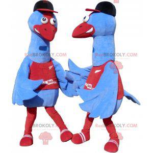 Riesiges blaues und rotes Vogelmaskottchen. Straußenmaskottchen