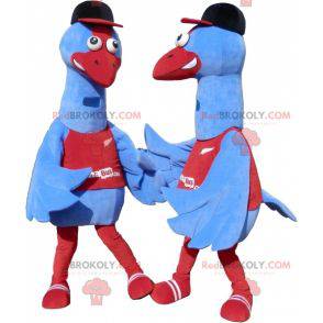 Mascotte gigante dell'uccello blu e rosso. Mascotte di struzzo
