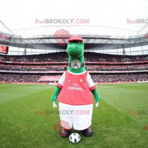 Mascotte de dinosaure vert en tenue rouge et blanche -