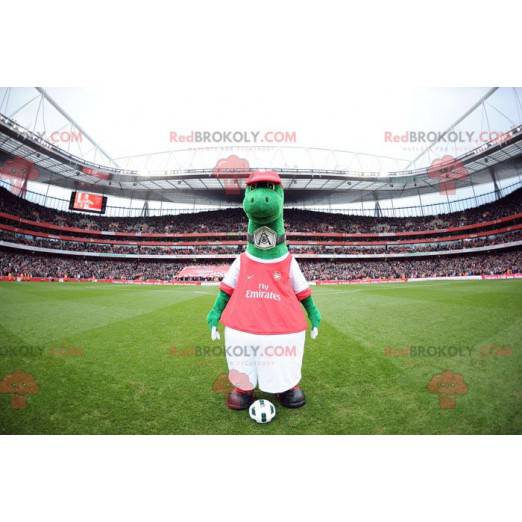 Green dinosaur mascot in red and white outfit - Redbrokoly.com