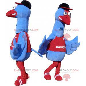 Blue bird mascot in sportswear. Stork mascot - Redbrokoly.com