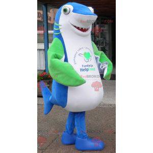 Giant and impressive blue white and green shark mascot -