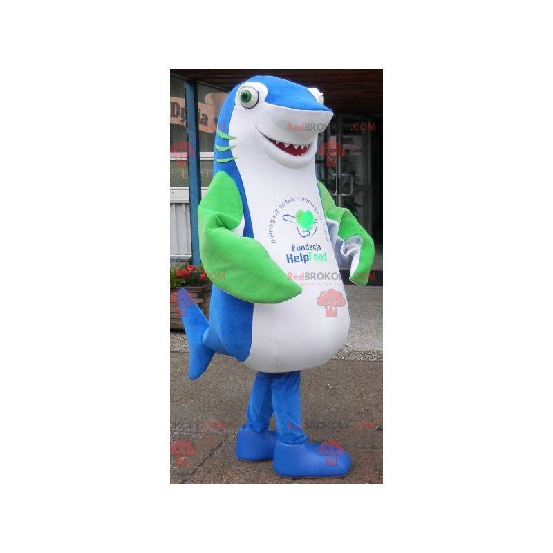 Mascotte de requin bleu blanc et vert géant et impressionnant -