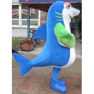Mascote gigante e impressionante de tubarão azul branco e verde