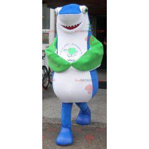 Giant and impressive blue white and green shark mascot -