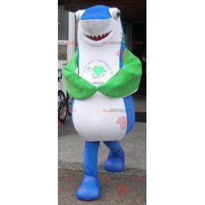 Mascotte de requin bleu blanc et vert géant et impressionnant -