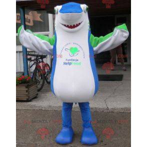 Mascotte de requin bleu blanc et vert géant et impressionnant -