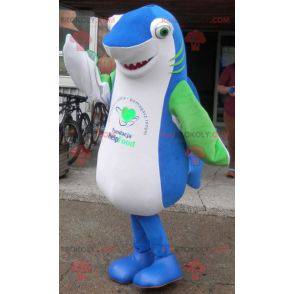 Gigante e impressionante mascotte blu squalo bianco e verde -