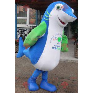 Gigante e impressionante mascotte blu squalo bianco e verde -