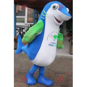 Gigante e impressionante mascotte blu squalo bianco e verde -